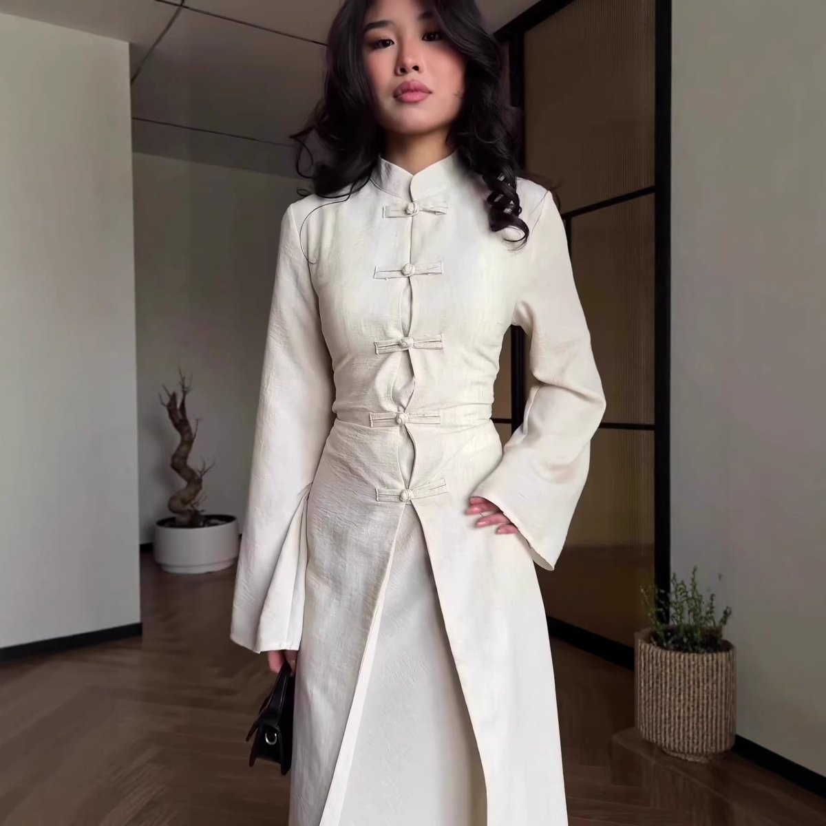 Chinese Frog Button Stand Collar Top & Wide-Leg Maxi Skirt Co-ord Set(MS483) - Pendo Store