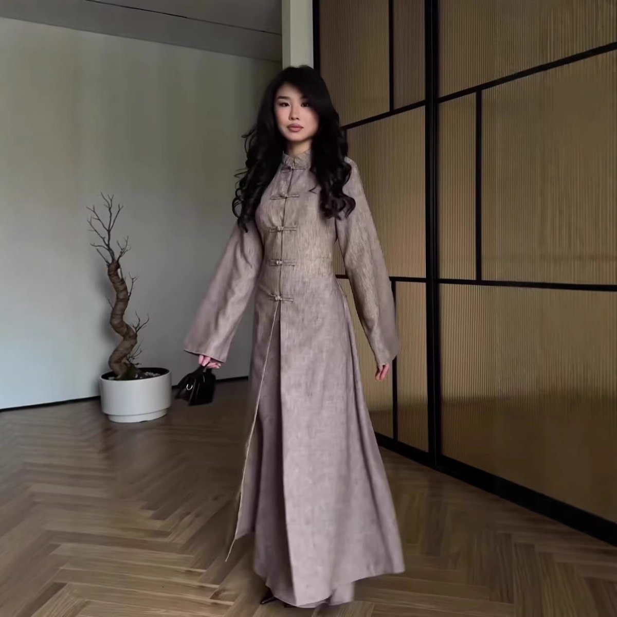Chinese Frog Button Stand Collar Top & Wide-Leg Maxi Skirt Co-ord Set(MS483) - Pendo Store