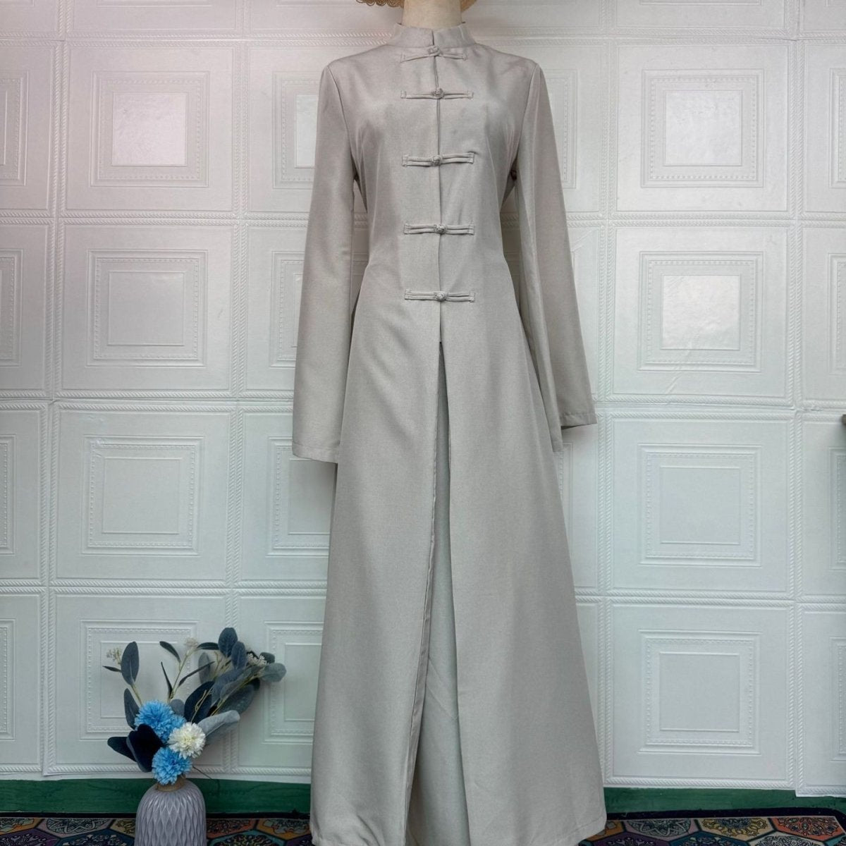 Chinese Frog Button Stand Collar Top & Wide-Leg Maxi Skirt Co-ord Set(MS483) - Pendo Store