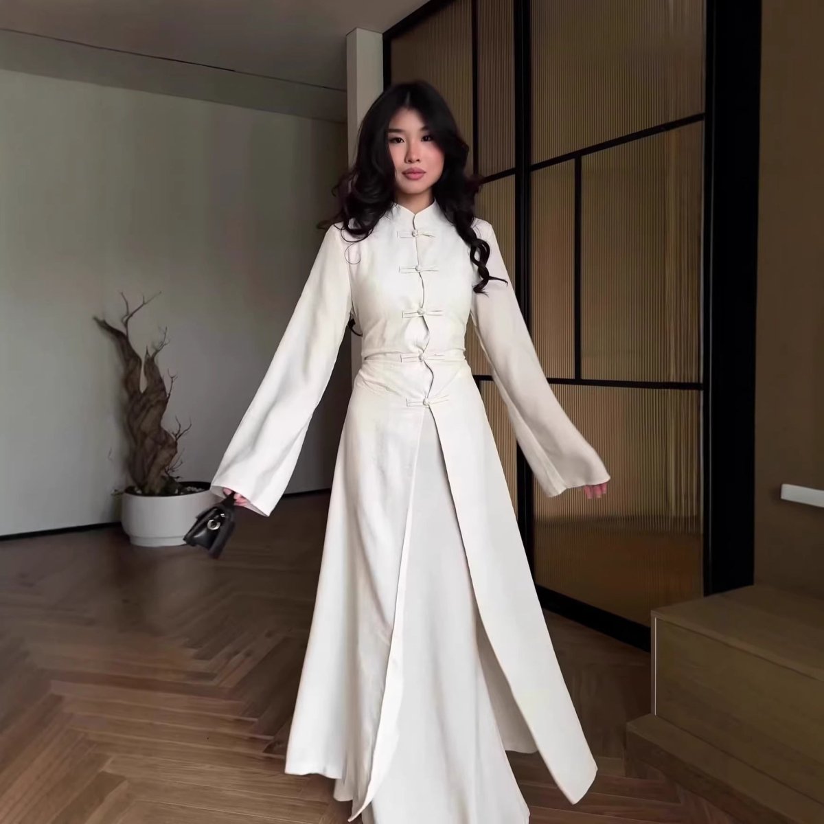 Chinese Frog Button Stand Collar Top & Wide-Leg Maxi Skirt Co-ord Set(MS483) - Pendo Store
