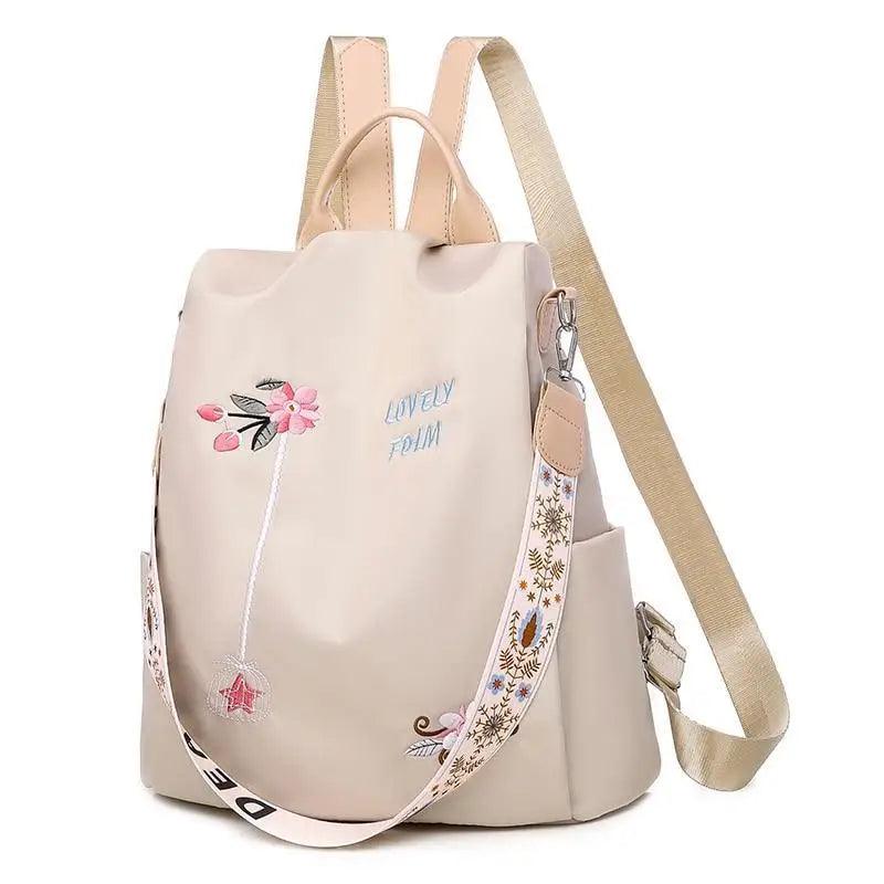 Cloth Backpack Female Embroidery Backpack Bag Nylon Anti-Theft Waterproof Women's Backpack Fashionable Anti-theft Women Backpacks Nice Print School Bag High Quality Large Capacity Backpack ( - Pendo Store