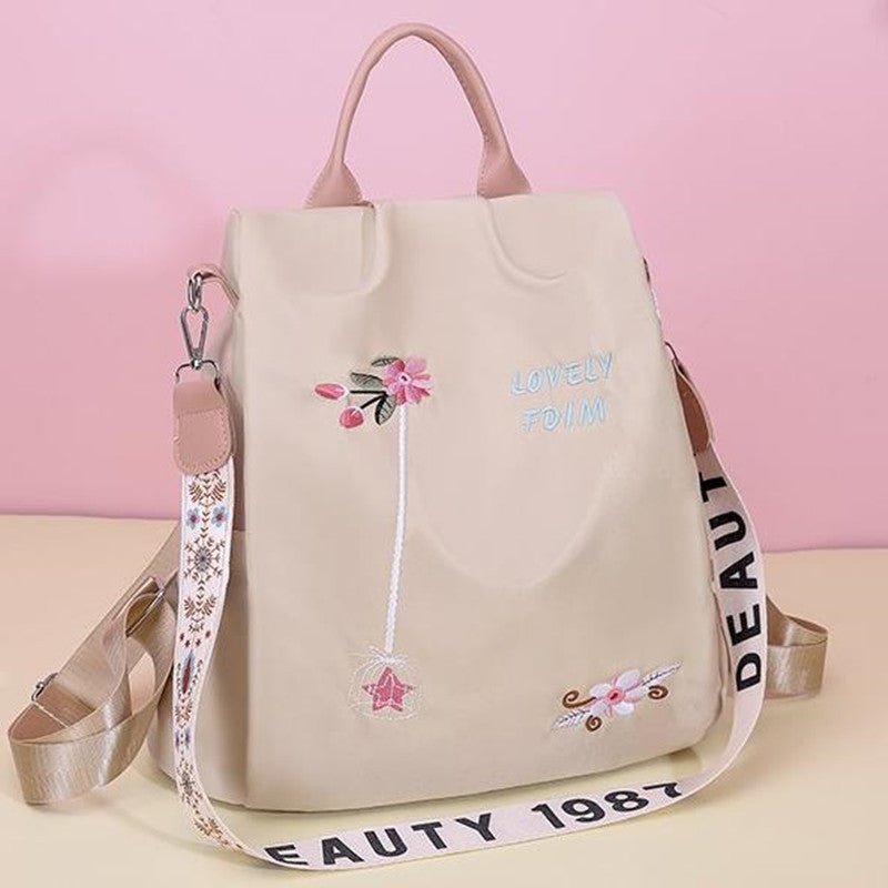 Cloth Backpack Female Embroidery Backpack Bag Nylon Anti-Theft Waterproof Women's Backpack Fashionable Anti-theft Women Backpacks Nice Print School Bag High Quality Large Capacity Backpack ( - Pendo Store