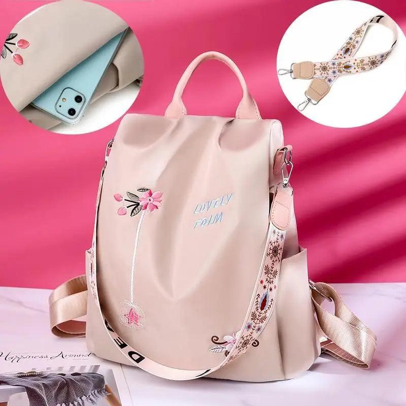 Cloth Backpack Female Embroidery Backpack Bag Nylon Anti-Theft Waterproof Women's Backpack Fashionable Anti-theft Women Backpacks Nice Print School Bag High Quality Large Capacity Backpack ( - Pendo Store