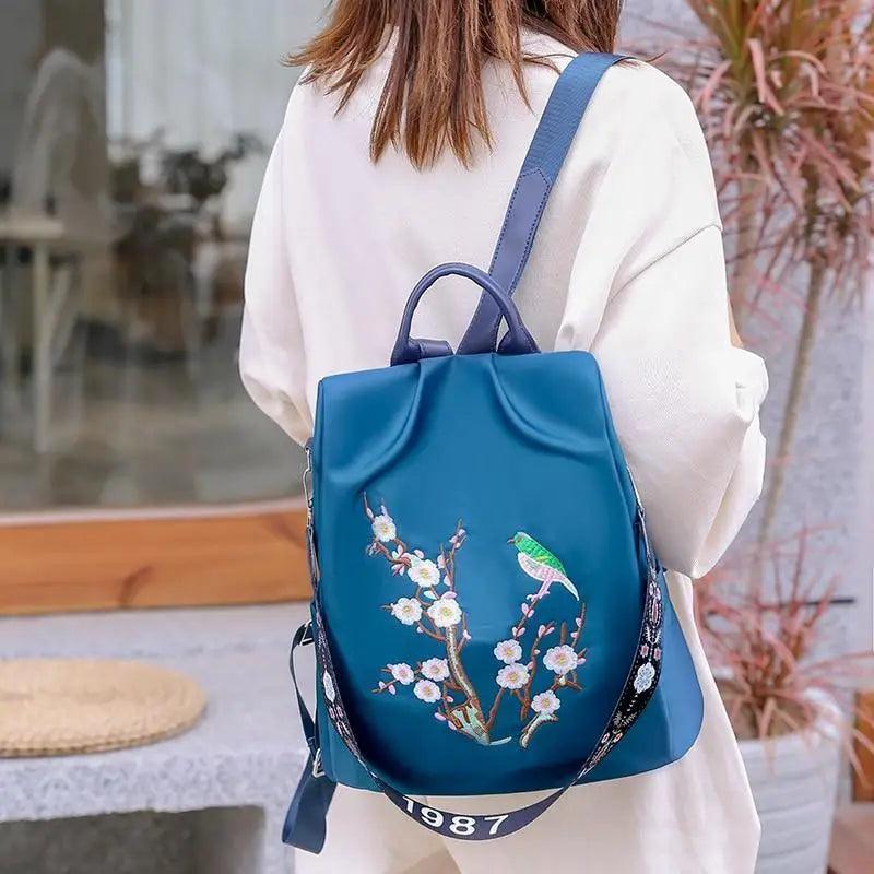 Cloth Backpack Female Embroidery Backpack Bag Nylon Anti-Theft Waterproof Women's Backpack Fashionable Anti-theft Women Backpacks Nice Print School Bag High Quality Large Capacity Backpack ( - Pendo Store