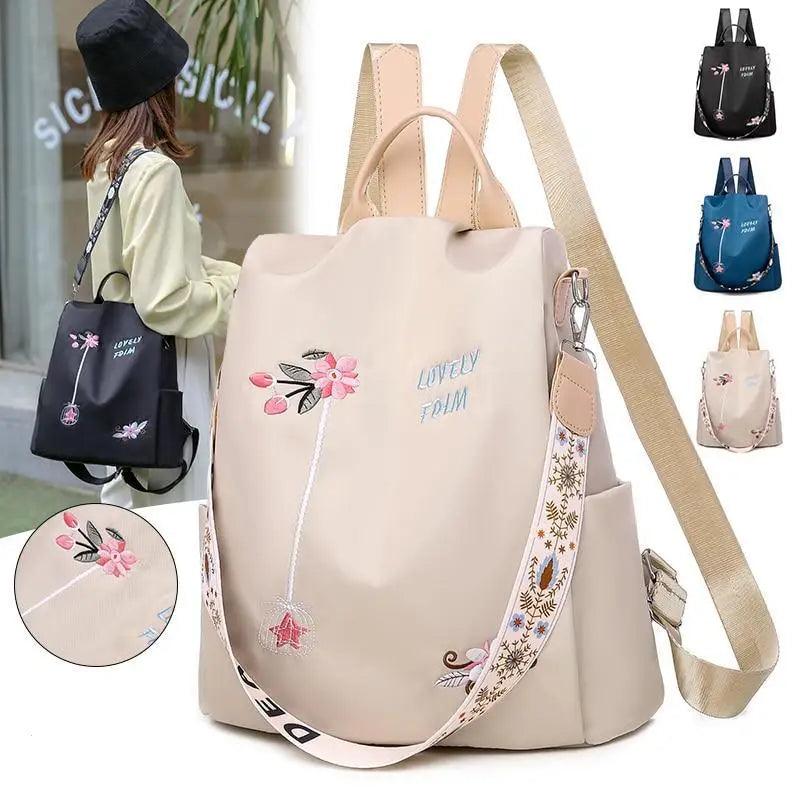 Cloth Backpack Female Embroidery Backpack Bag Nylon Anti-Theft Waterproof Women's Backpack Fashionable Anti-theft Women Backpacks Nice Print School Bag High Quality Large Capacity Backpack ( - Pendo Store