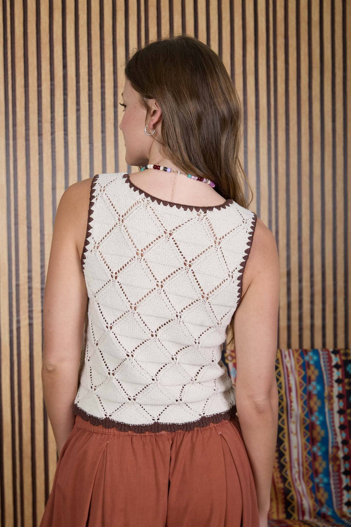 CONTRAST STITCH CROCHET KNIT FRONT TIE VEST - Pendo Store
