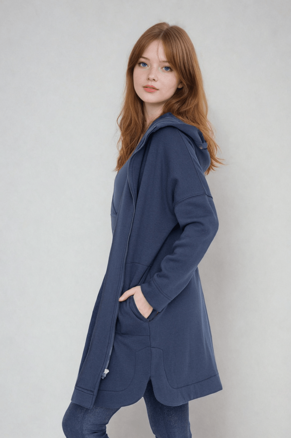 Cozy Comfort Longline Zip Hoodie - Teal Navy - Pendo Store