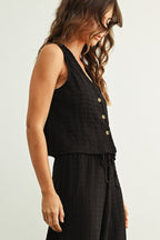 Crinkled Fabric Sleeveless Button Front Top - Pendo Store