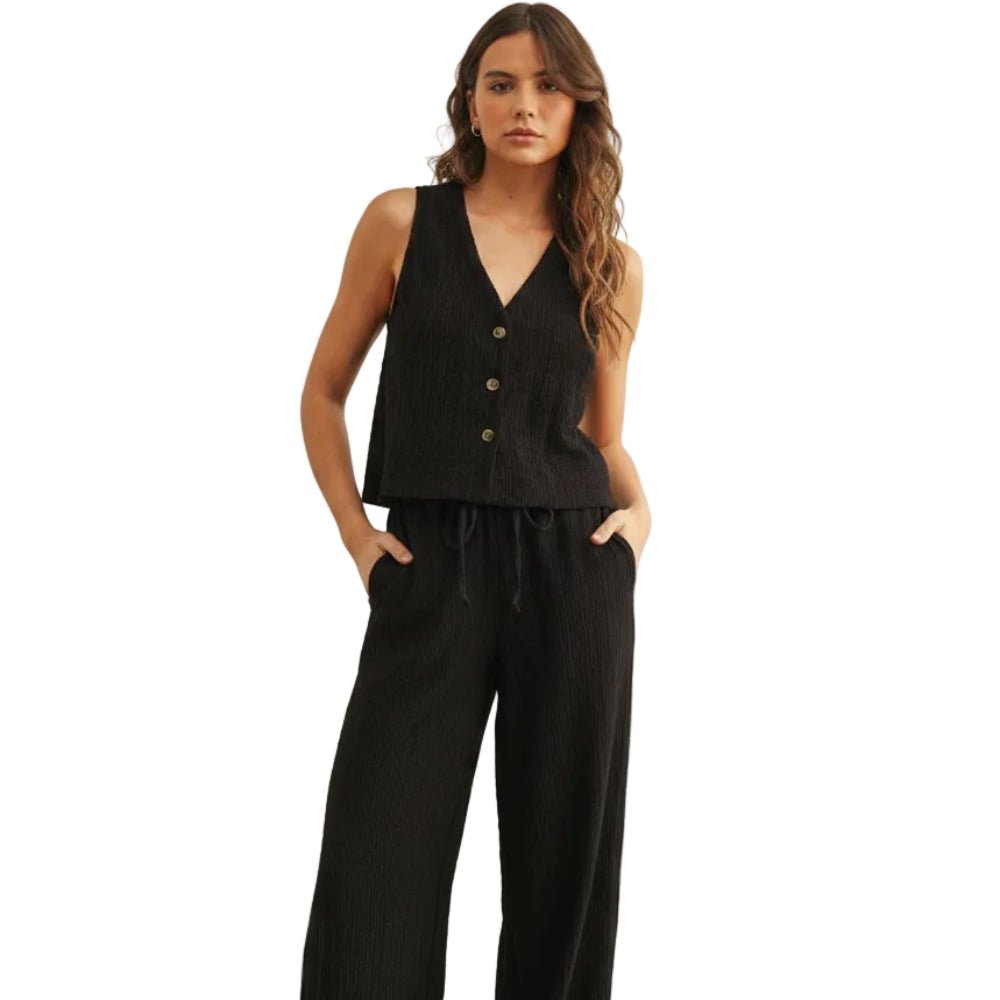 Crinkled Fabric Sleeveless Button Front Top - Pendo Store