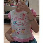 Harajuku Ruffle Cartoon Crop Tee