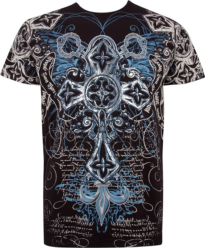 Cross Metallic Silver Embossed Short Sleeve Crew Neck Cotton Mens Fashion T-Shirt - Pendo Store
