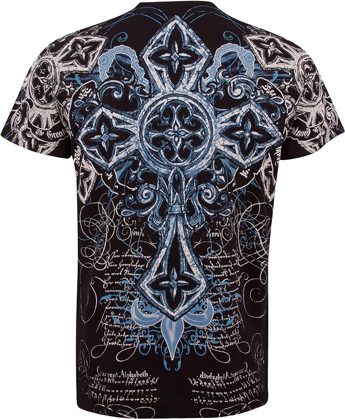 Cross Metallic Silver Embossed Short Sleeve Crew Neck Cotton Mens Fashion T-Shirt - Pendo Store