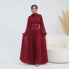 Crystal-Embellished Wide Belt Puff-Sleeve Maxi Dress(MS477) - Pendo Store
