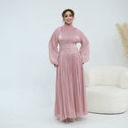 Crystal-Embellished Wide Belt Puff-Sleeve Maxi Dress(MS477) - Pendo Store