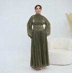 Crystal-Embellished Wide Belt Puff-Sleeve Maxi Dress(MS477) - Pendo Store