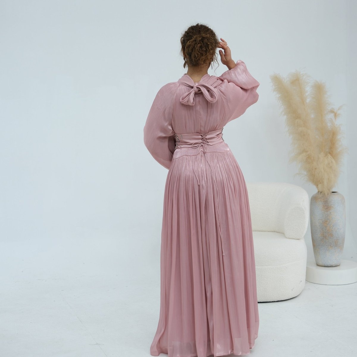 Crystal-Embellished Wide Belt Puff-Sleeve Maxi Dress(MS477) - Pendo Store