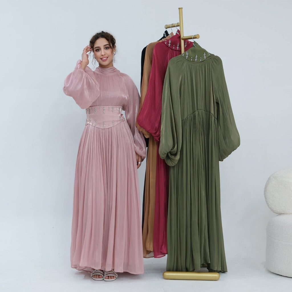 Crystal-Embellished Wide Belt Puff-Sleeve Maxi Dress(MS477) - Pendo Store