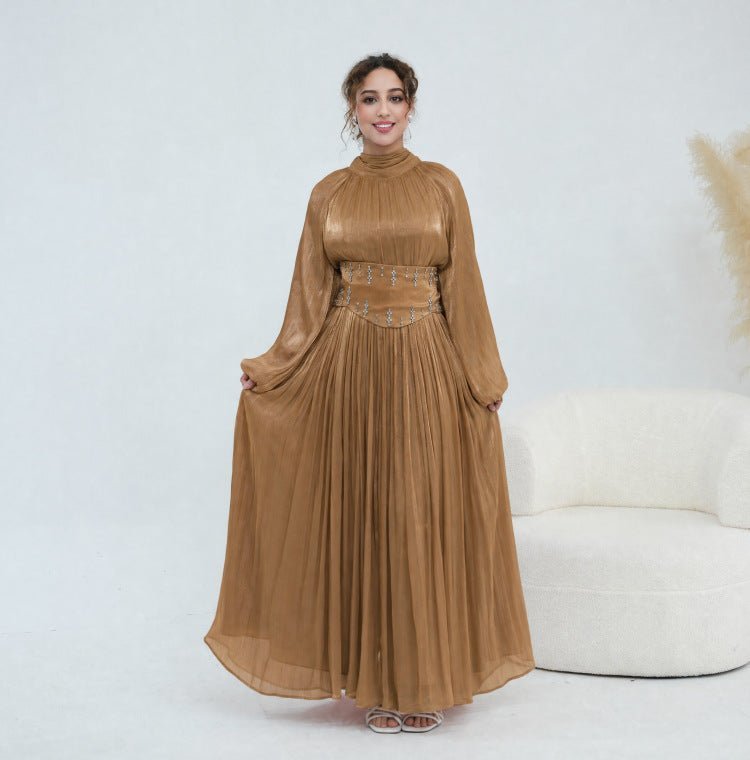 Crystal-Embellished Wide Belt Puff-Sleeve Maxi Dress(MS477) - Pendo Store