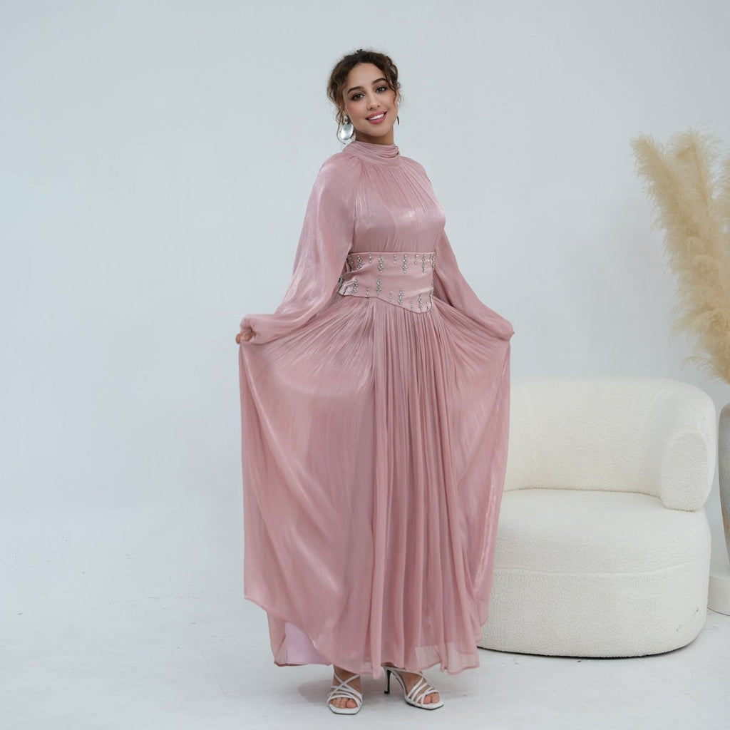 Crystal-Embellished Wide Belt Puff-Sleeve Maxi Dress(MS477) - Pendo Store