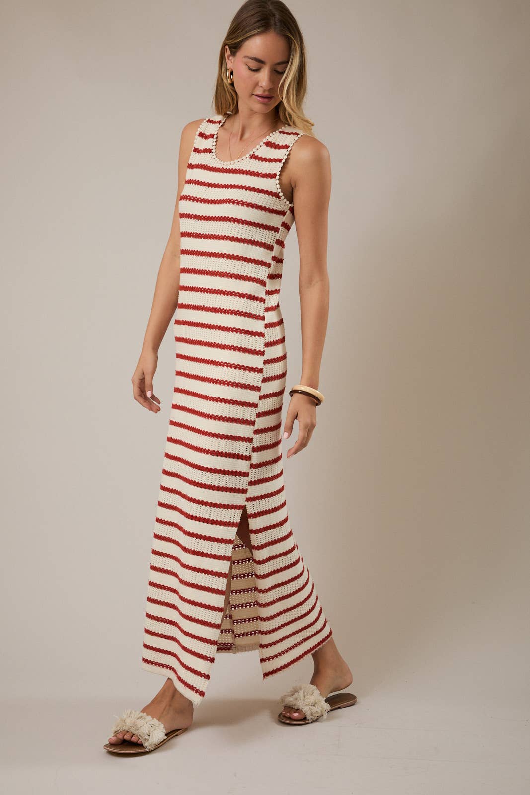 Cream Red Stripe Maxi Dress
