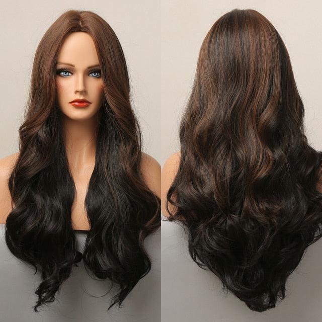 Dark Black Natural Long Wave Synthetic Hair Wigs Middle Part Heat Resistant Wigs for Afro American Women Daily Cosplay Party Use Wigs For Black Women Cosplay Wigs For Women - Pendo Store