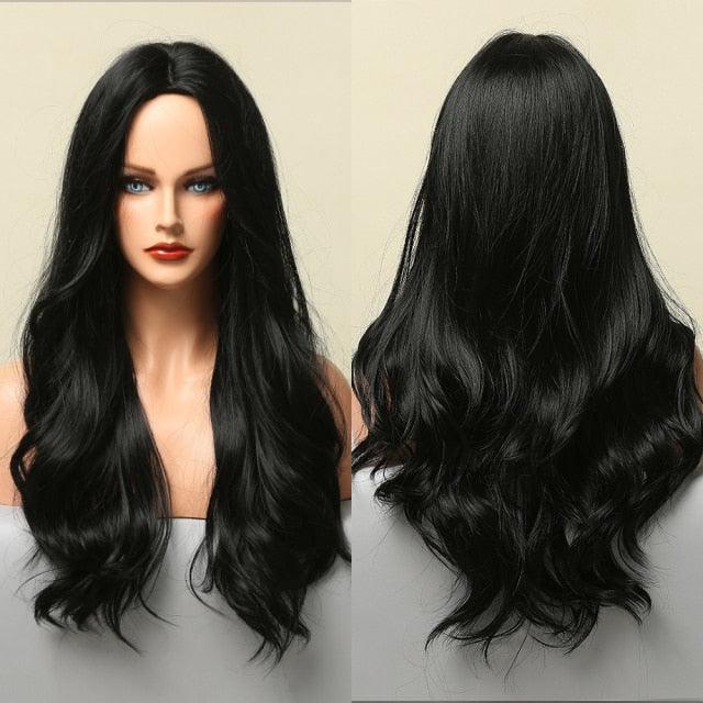 Dark Black Natural Long Wave Synthetic Hair Wigs Middle Part Heat Resistant Wigs for Afro American Women Daily Cosplay Party Use Wigs For Black Women Cosplay Wigs For Women - Pendo Store