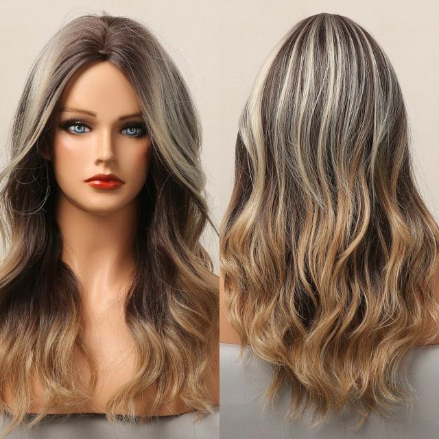 Dark Black Natural Long Wave Synthetic Hair Wigs Middle Part Heat Resistant Wigs for Afro American Women Daily Cosplay Party Use Wigs For Black Women Cosplay Wigs For Women - Pendo Store