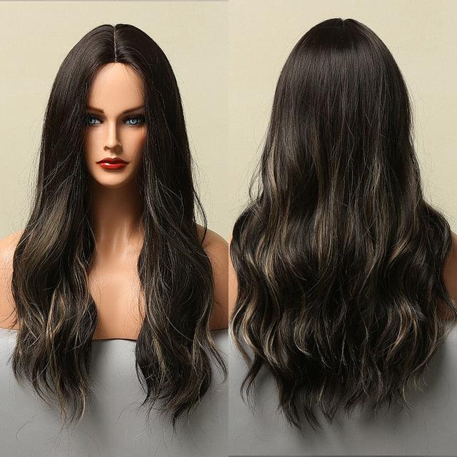 Dark Black Natural Long Wave Synthetic Hair Wigs Middle Part Heat Resistant Wigs for Afro American Women Daily Cosplay Party Use Wigs For Black Women Cosplay Wigs For Women - Pendo Store