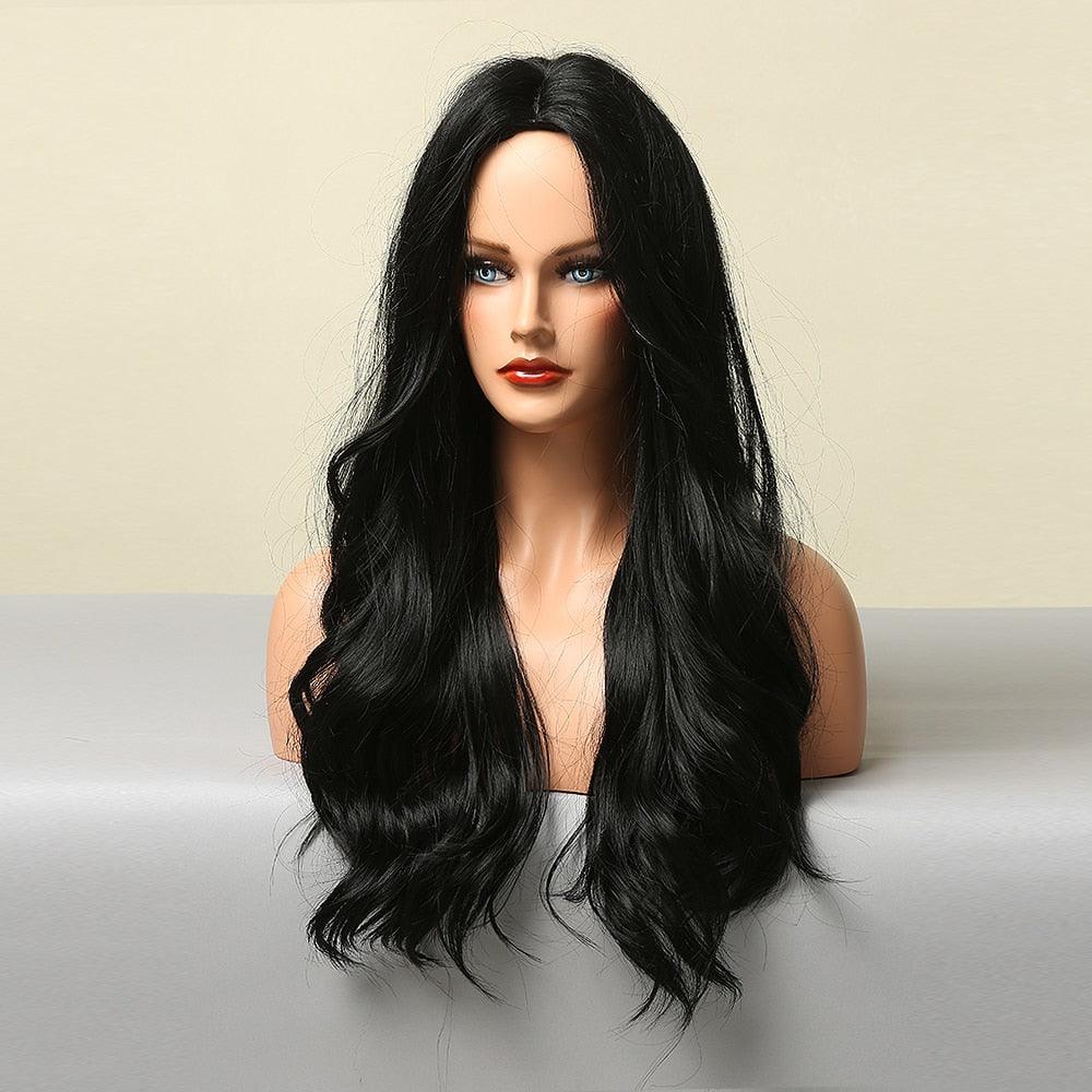 Dark Black Natural Long Wave Synthetic Hair Wigs Middle Part Heat Resistant Wigs for Afro American Women Daily Cosplay Party Use Wigs For Black Women Cosplay Wigs For Women - Pendo Store