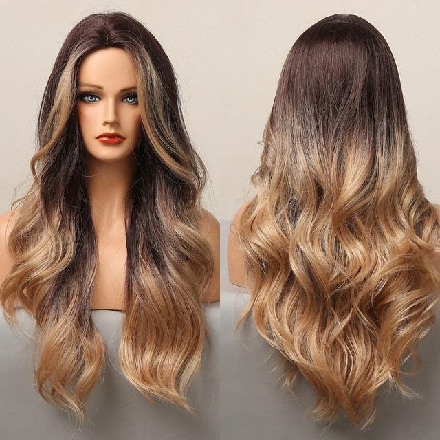 Dark Black Natural Long Wave Synthetic Hair Wigs Middle Part Heat Resistant Wigs for Afro American Women Daily Cosplay Party Use Wigs For Black Women Cosplay Wigs For Women - Pendo Store