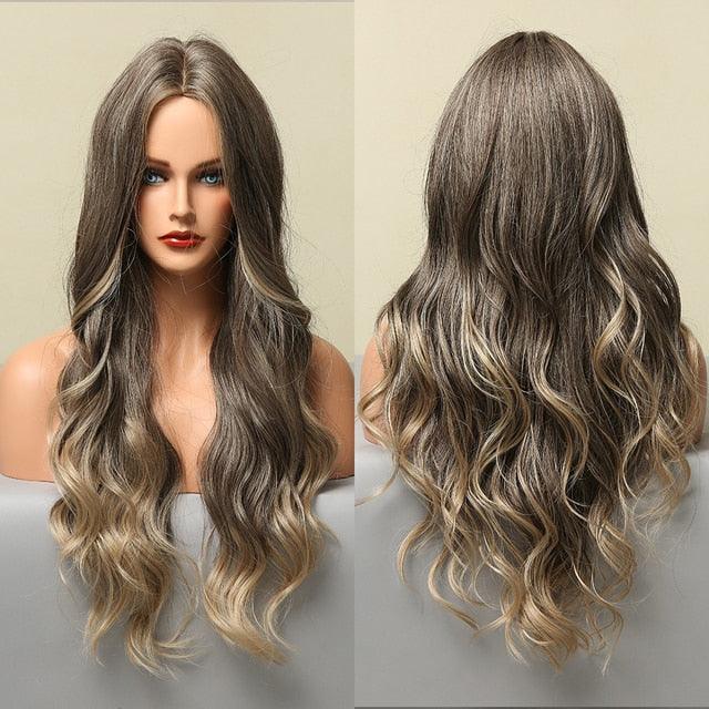 Dark Black Natural Long Wave Synthetic Hair Wigs Middle Part Heat Resistant Wigs for Afro American Women Daily Cosplay Party Use Wigs For Black Women Cosplay Wigs For Women - Pendo Store