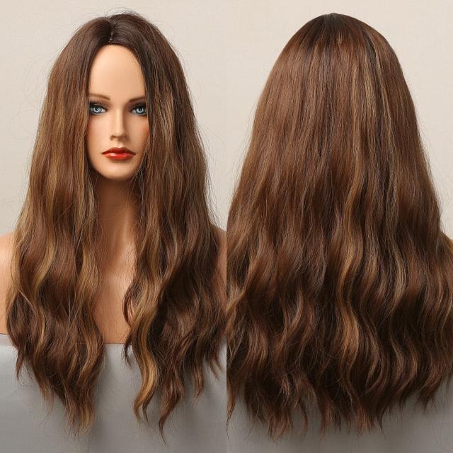 Dark Black Natural Long Wave Synthetic Hair Wigs Middle Part Heat Resistant Wigs for Afro American Women Daily Cosplay Party Use Wigs For Black Women Cosplay Wigs For Women - Pendo Store