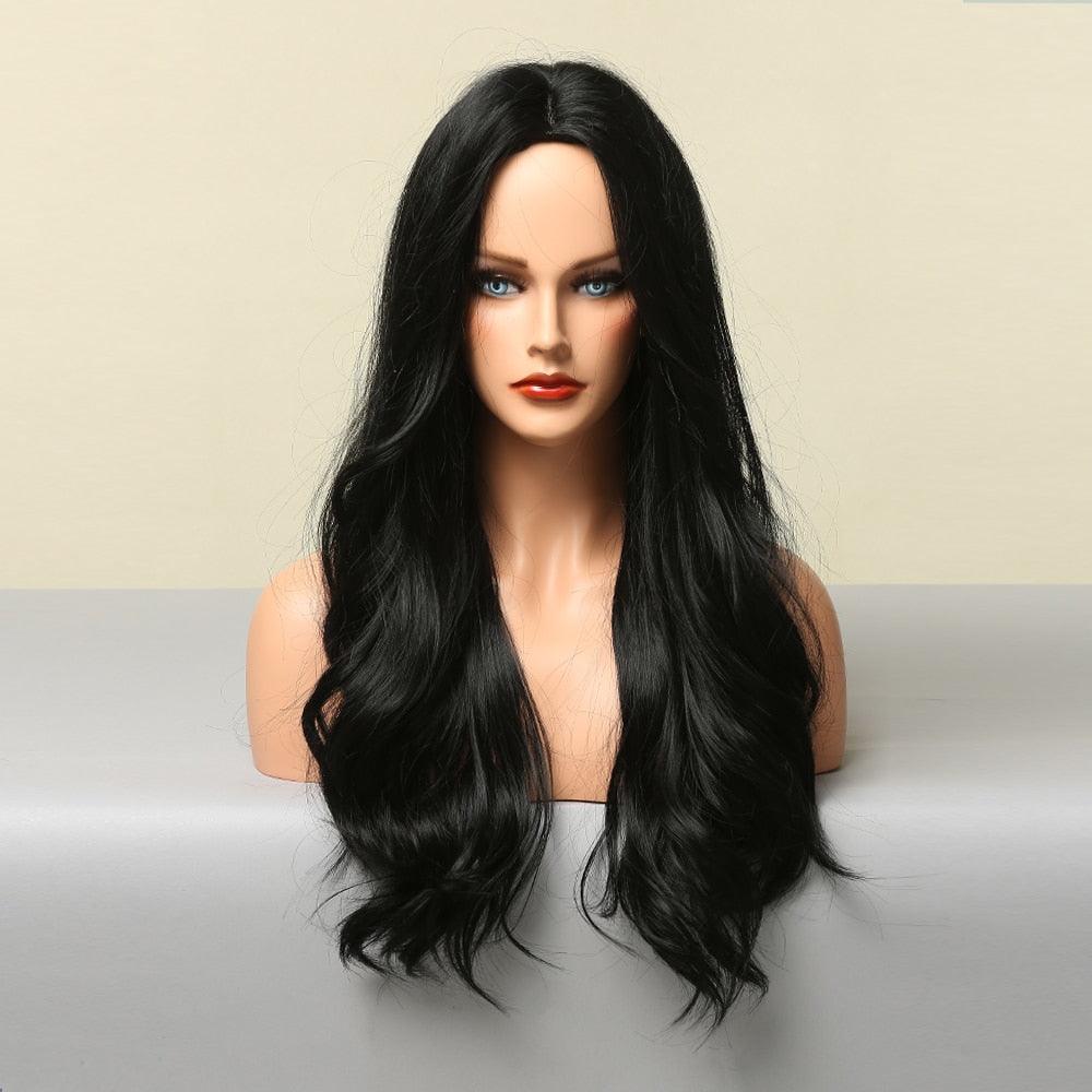 Dark Black Natural Long Wave Synthetic Hair Wigs Middle Part Heat Resistant Wigs for Afro American Women Daily Cosplay Party Use Wigs For Black Women Cosplay Wigs For Women - Pendo Store