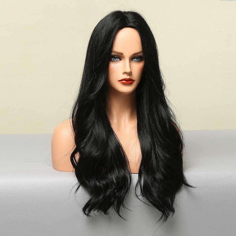 Dark Black Natural Long Wave Synthetic Hair Wigs Middle Part Heat Resistant Wigs for Afro American Women Daily Cosplay Party Use Wigs For Black Women Cosplay Wigs For Women - Pendo Store
