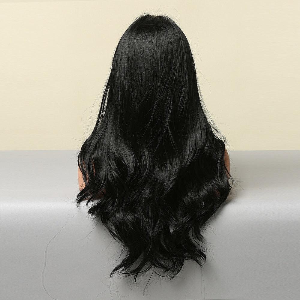 Dark Black Natural Long Wave Synthetic Hair Wigs Middle Part Heat Resistant Wigs for Afro American Women Daily Cosplay Party Use Wigs For Black Women Cosplay Wigs For Women - Pendo Store