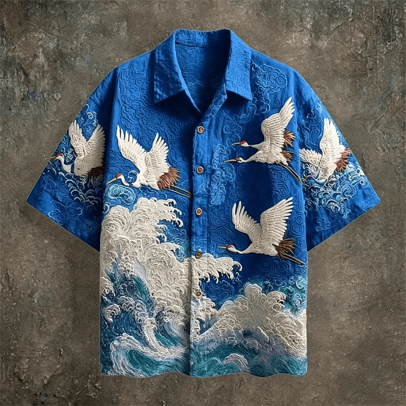 Embossed Flying Crane and Wave Printing Casual Short Sleeved Shirt - Pendo Store