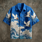 Embossed Flying Crane and Wave Printing Casual Short Sleeved Shirt - Pendo Store