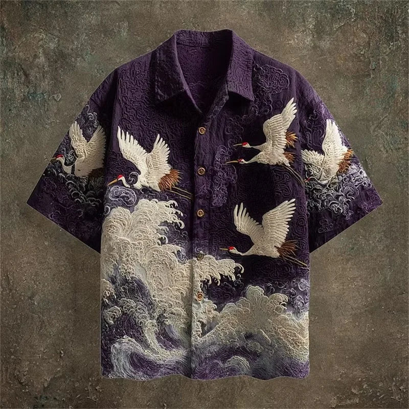 Embossed Flying Crane and Wave Printing Casual Short Sleeved Shirt - Pendo Store