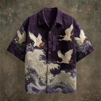 Embossed Flying Crane and Wave Printing Casual Short Sleeved Shirt - Pendo Store