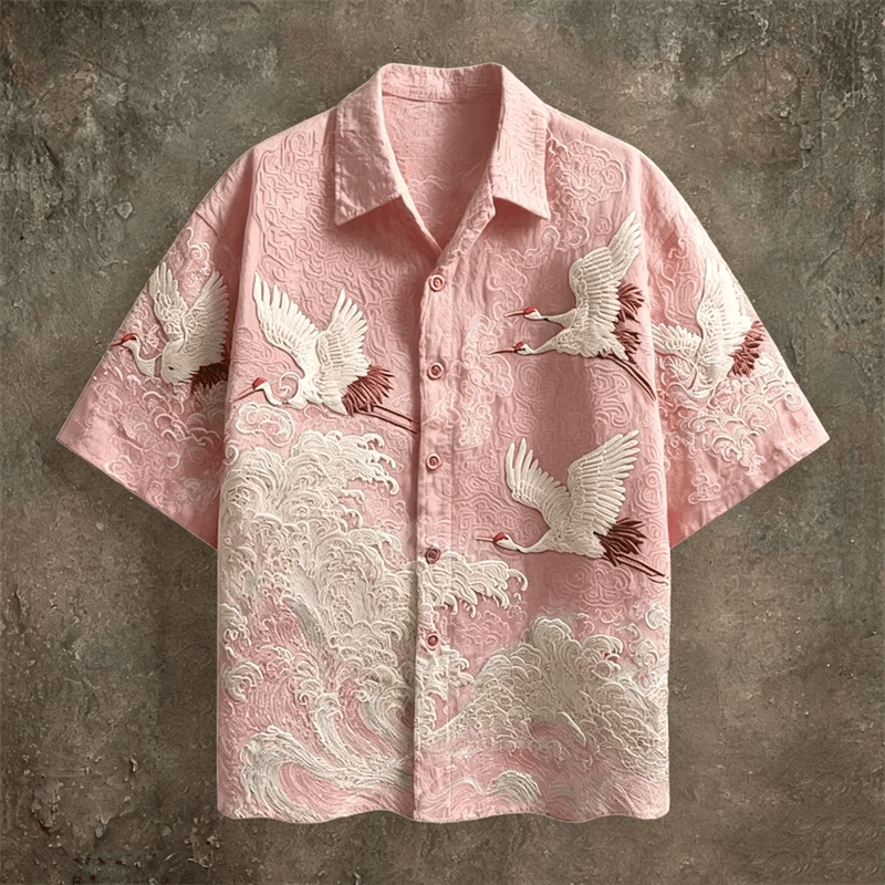 Embossed Flying Crane and Wave Printing Casual Short Sleeved Shirt - Pendo Store