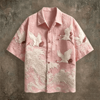 Embossed Flying Crane and Wave Printing Casual Short Sleeved Shirt - Pendo Store