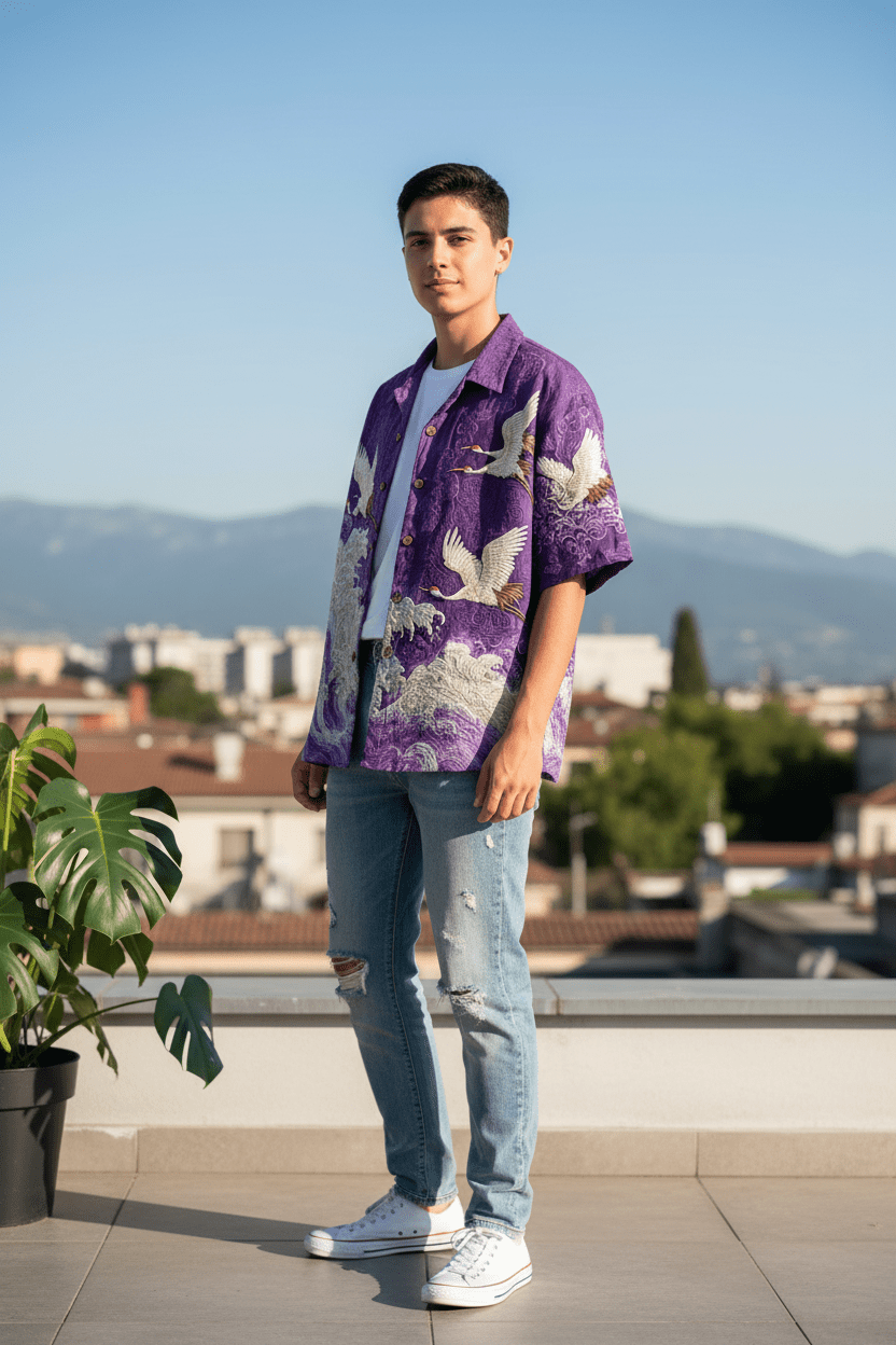 Embossed Flying Crane and Wave Printing Casual Short Sleeved Shirt - Pendo Store
