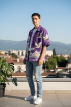 Embossed Flying Crane and Wave Printing Casual Short Sleeved Shirt - Pendo Store