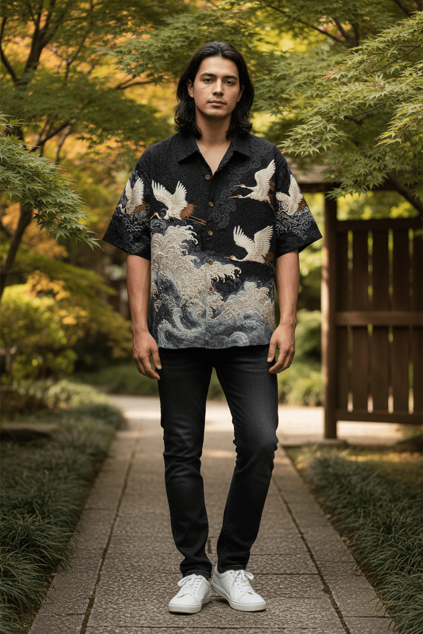 Embossed Flying Crane and Wave Printing Casual Short Sleeved Shirt - Pendo Store