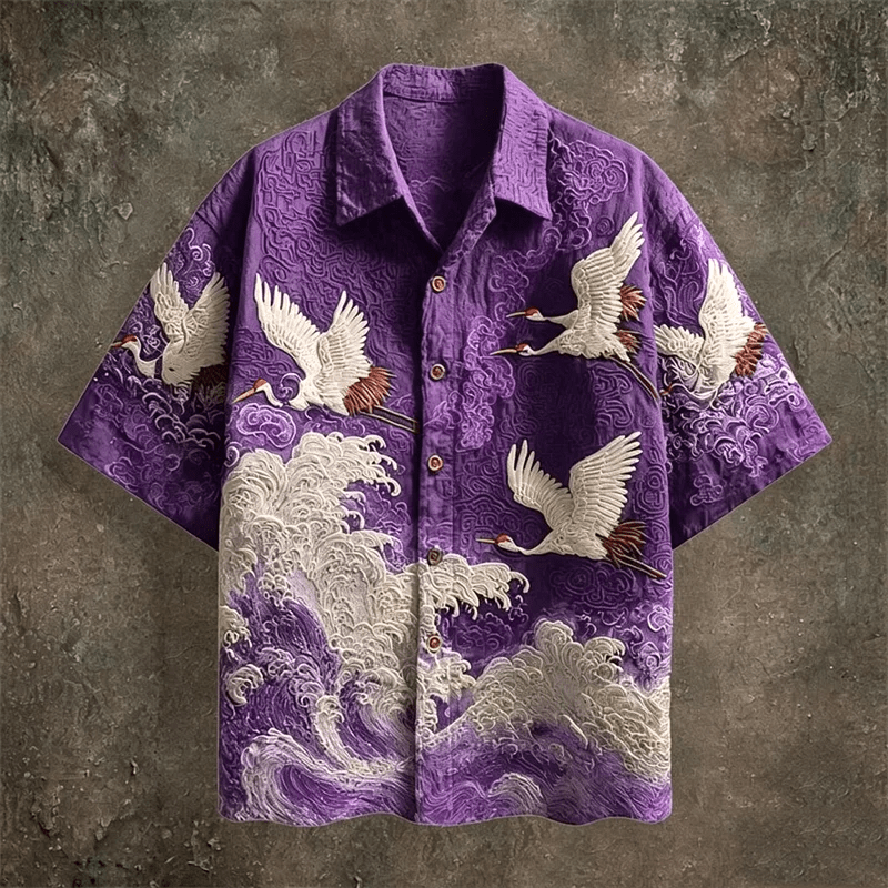 Embossed Flying Crane and Wave Printing Casual Short Sleeved Shirt - Pendo Store