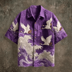 Embossed Flying Crane and Wave Printing Casual Short Sleeved Shirt - Pendo Store