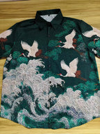 Embossed Flying Crane and Wave Printing Casual Short Sleeved Shirt - Pendo Store