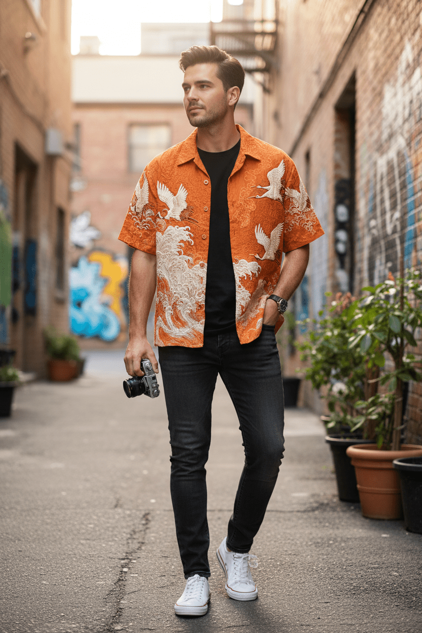 Embossed Flying Crane and Wave Printing Casual Short Sleeved Shirt - Pendo Store