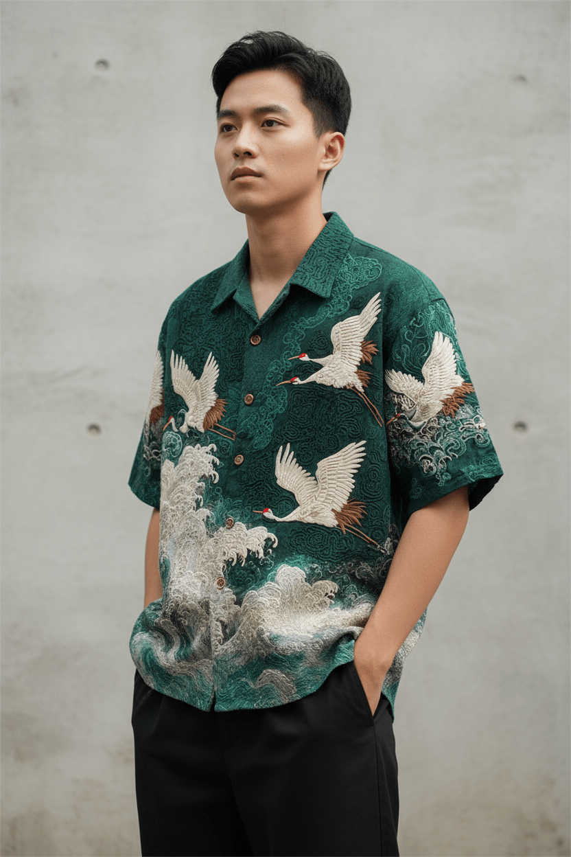 Embossed Flying Crane and Wave Printing Casual Short Sleeved Shirt - Pendo Store