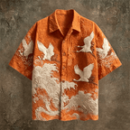 Embossed Flying Crane and Wave Printing Casual Short Sleeved Shirt - Pendo Store